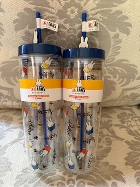 Lot of 2 MIFFY Clear Tumbler with Straw NWT Blue Kawaii